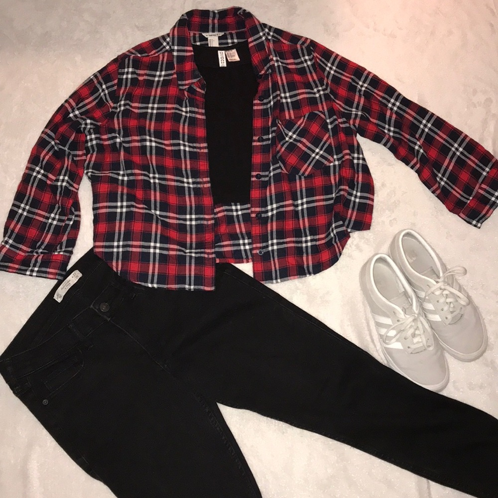 Forever 21 red white and blue cropped flannel